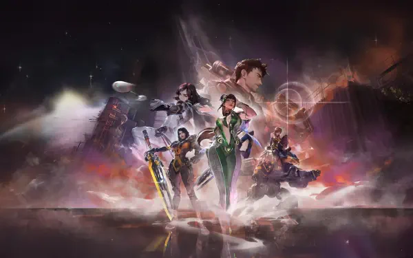 Overwatch and Stellar Blade heroes in a dramatic sci-fi battle scene, 5K Ultra HD PC desktop wallpaper and background.