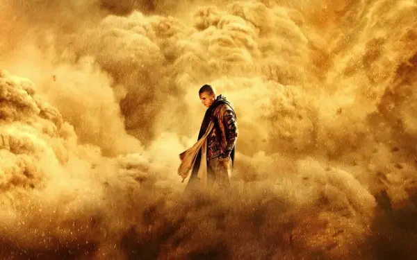 Dune: Part Three 4K Ultra HD PC desktop wallpaper featuring a lone figure surrounded by a swirling golden sandstorm.