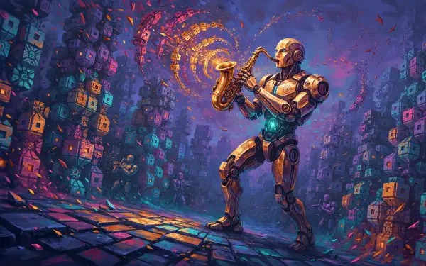 4K Ultra HD desktop wallpaper of a futuristic robot playing saxophone amid a vibrant neon cityscape.