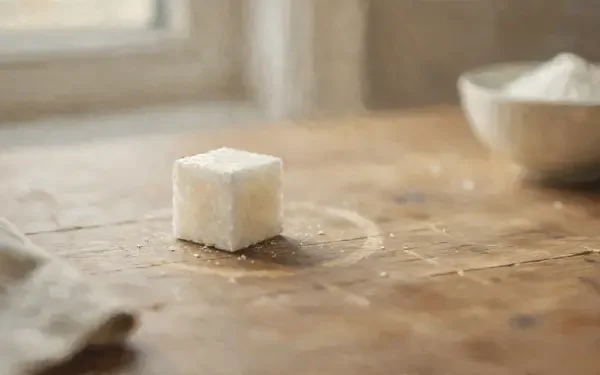Sugar cube on a rustic kitchen table with a bowl in the background, 4K Ultra HD PC desktop wallpaper and background.