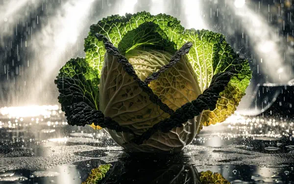 Dramatically lit cabbage vegetable in a rain-soaked scene, featured in a 4K Ultra HD PC desktop wallpaper and background.