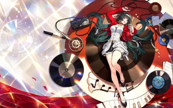 Astra Yao surrounded by vinyl records in a vibrant anime scene, 4K Ultra HD PC desktop wallpaper and background.