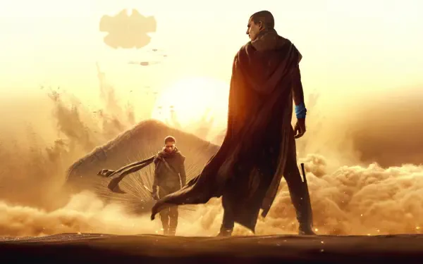 Dune: Part Three 4K Ultra HD PC desktop wallpaper featuring a cloaked figure and traveler in a vast, golden desert.
