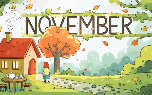 Illustrated November autumn village with falling leaves, a cozy cottage, and a child—4K Ultra HD PC desktop wallpaper and background.