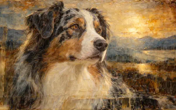 4K Ultra HD desktop wallpaper featuring a painted Australian shepherd gazing across a golden countryside.