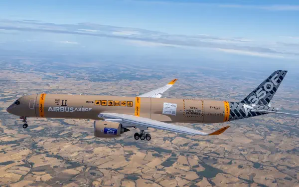 Airbus A350F cargo airplane flying over dry terrain, featured in a 2K Quad HD PC desktop wallpaper and background.