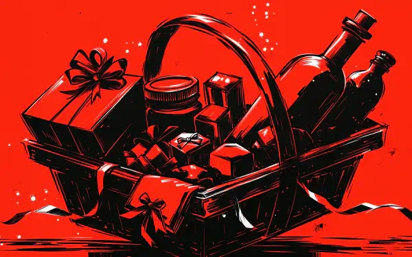 Red and black gift basket filled with wine bottles and wrapped presents, 4K Ultra HD PC desktop wallpaper and background.
