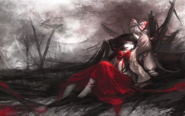 Artwork featuring Fujiwara no Mokou and Kaguya Houraisan from the anime Touhou, depicted in a dramatic HD wallpaper with a moody atmosphere and striking colors.