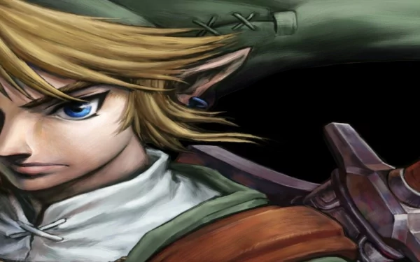 HD desktop wallpaper featuring Link from The Legend of Zelda: Twilight Princess, showcasing his determined expression and iconic attire against a dark background.
