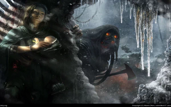 A dark, atmospheric HD wallpaper featuring a woman in latex holding a baby, with a menacing cyborg wielding an axe lurking in the shadows, surrounded by icy details.