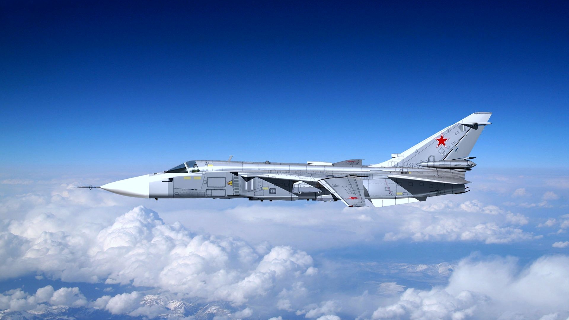 Military aircraft flying in the blue sky.