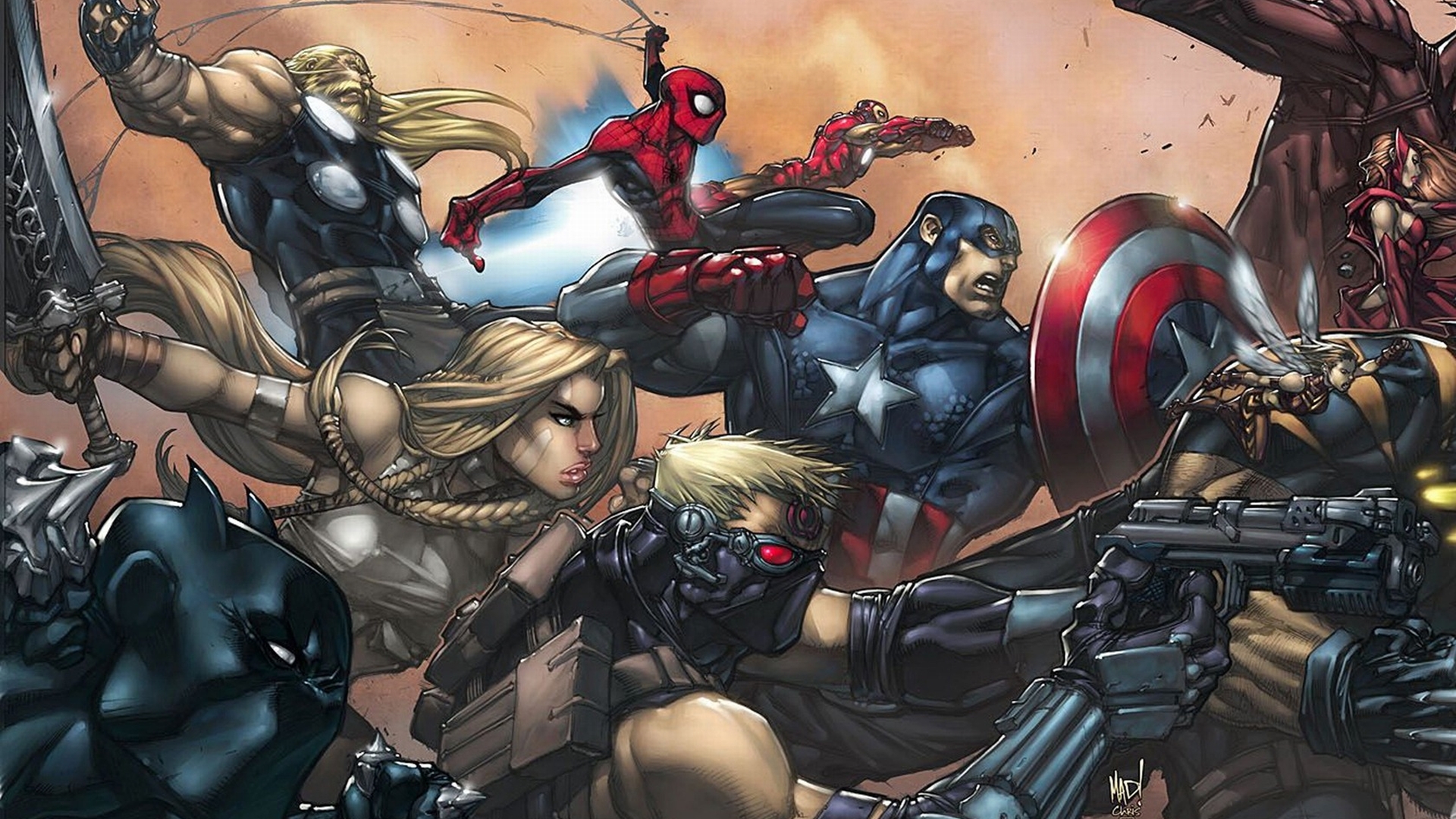 Ultimate superhero team assembled featuring Spider-Man, Captain America, Thor, Black Panther, Iron Man, and more.