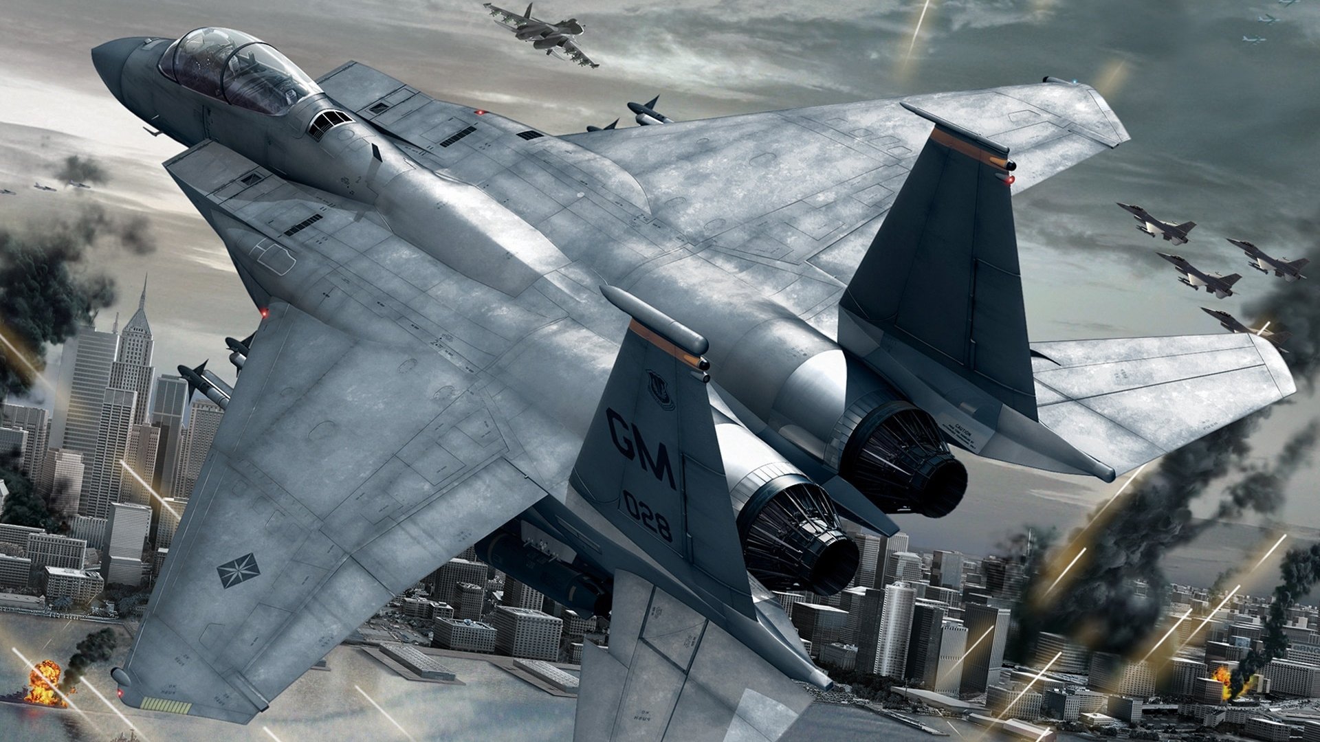 HD PC desktop wallpaper background: Ace Combat video game scene of a twin‑engine fighter jet diving over a burning city skyline, flanked by escorting jets and missile streaks.