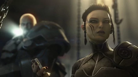 HD PC desktop wallpaper from the video game Clive Barker's Jericho: a stern female character with dark braids and cybernetic markings, an armored figure blurred behind her.