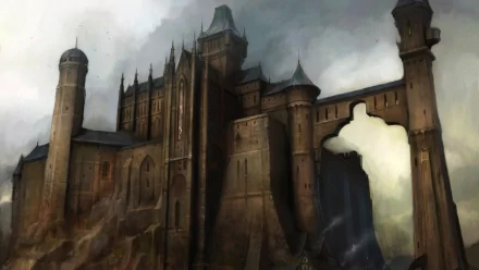 HD desktop wallpaper of Fairfax Castle from Fable II, showcasing a dark, fantasy-style fortress under a moody sky.