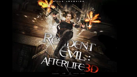 A dynamic HD wallpaper featuring Milla Jovovich in Resident Evil: Afterlife, showcasing intense action with explosions and guns, capturing the film's thrilling atmosphere.