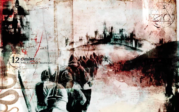 HD desktop wallpaper depicting a medieval military scene with soldiers marching toward a distant castle, accented with historic elements and a worn, vintage aesthetic.