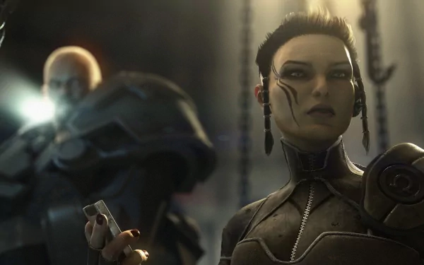 HD PC desktop wallpaper from the video game Clive Barker's Jericho: a stern female character with dark braids and cybernetic markings, an armored figure blurred behind her.