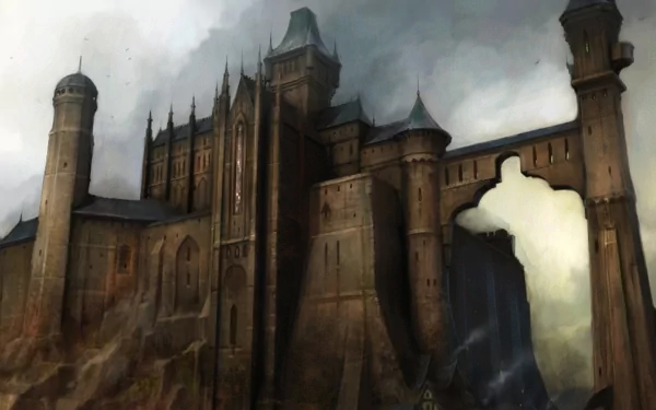 HD desktop wallpaper of Fairfax Castle from Fable II, showcasing a dark, fantasy-style fortress under a moody sky.