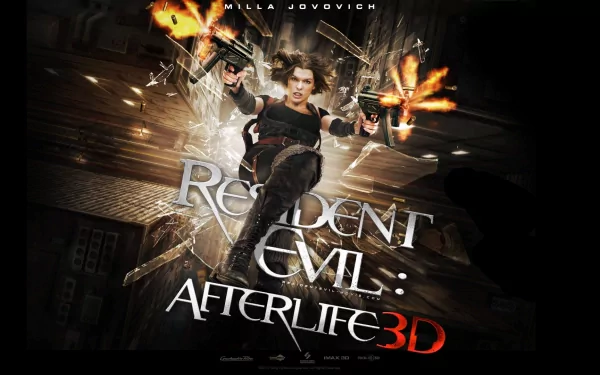 A dynamic HD wallpaper featuring Milla Jovovich in Resident Evil: Afterlife, showcasing intense action with explosions and guns, capturing the film's thrilling atmosphere.