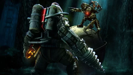 A dramatic scene from Bioshock 2, featuring a Big Daddy facing off against a Little Sister in a dimly lit underwater setting, showcasing the game's iconic characters and atmosphere.