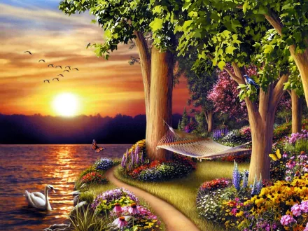 Artistic HD PC desktop wallpaper featuring a serene sunset over a lake, vibrant flowers, trees, a hammock, swans, and birds in a tranquil nature scene.