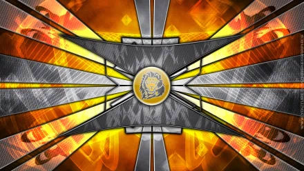 Abstract orange HD PC desktop wallpaper and background: metallic beams radiate from a central medallion over textured panels and glowing flames, forming a bold layered design.