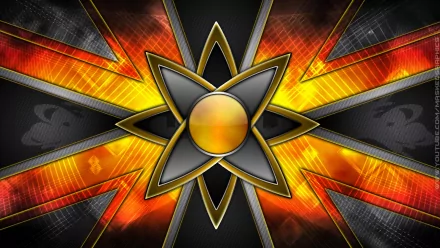 HD PC desktop wallpaper featuring an abstract orange and black design with a central geometric star shape and textured flame-like background elements.