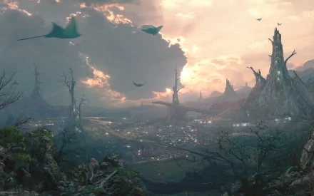 A stunning HD fantasy landscape wallpaper featuring a mystical world with towering mountains, ethereal light, and majestic winged creatures soaring in the sky.