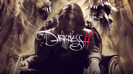 HD PC desktop wallpaper featuring the brooding protagonist of the video game The Darkness II, surrounded by shadowy, monstrous figures.