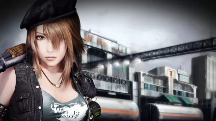 HD PC desktop wallpaper: anime-style female operative in beret and tactical gear stands before a gritty urban transit hub — mission-against-terror video game artwork.