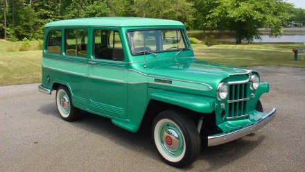 HD desktop wallpaper featuring a vibrant green Willys Jeep vehicle parked outdoors on a sunny day, showcasing its classic design and vintage charm.