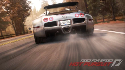 HD PC desktop wallpaper featuring a speeding Bugatti Veyron from Need for Speed: Shift 2 Unleashed, capturing intense motion on an autumn road.
