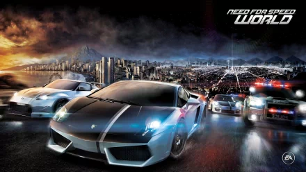 An HD wallpaper featuring cars from *Need for Speed: World*, set against a dramatic cityscape at night. The vibrant scene captures the thrill of high-speed racing.
