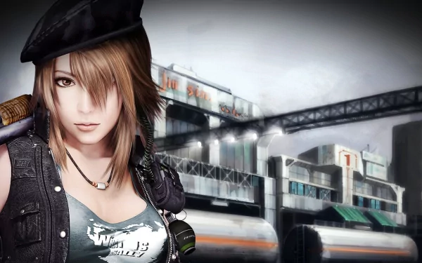 HD PC desktop wallpaper: anime-style female operative in beret and tactical gear stands before a gritty urban transit hub — mission-against-terror video game artwork.