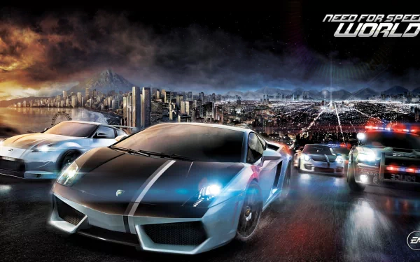An HD wallpaper featuring cars from *Need for Speed: World*, set against a dramatic cityscape at night. The vibrant scene captures the thrill of high-speed racing.