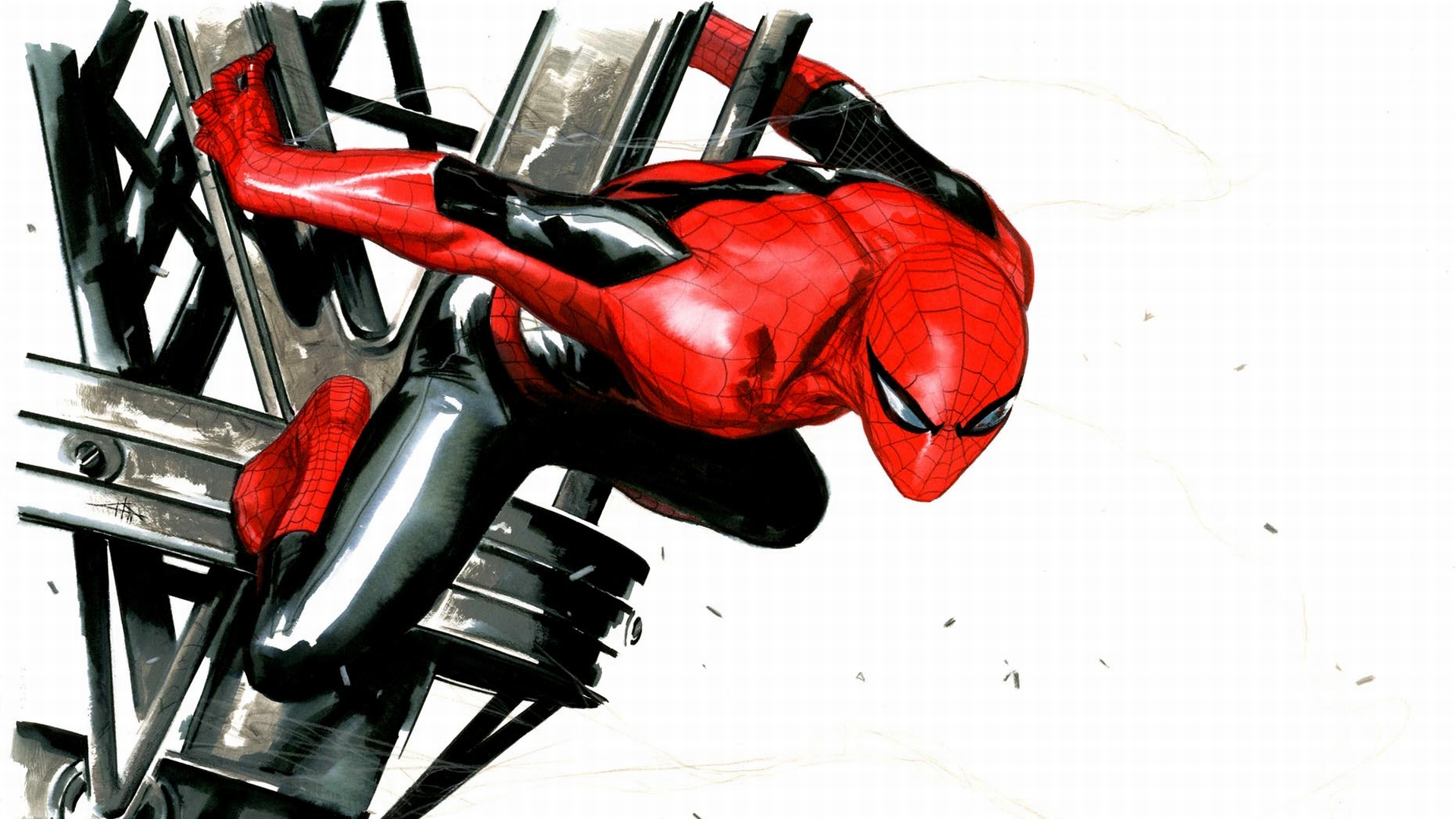 Spider-Man soaring through the city in a comic-inspired desktop wallpaper