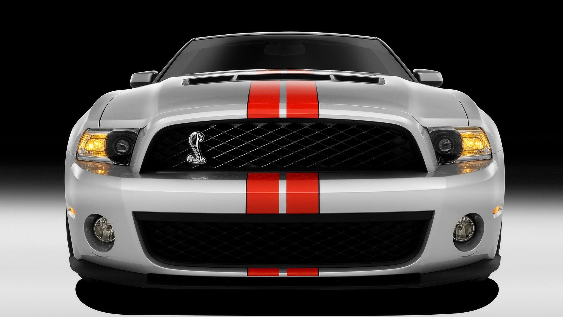 Front view of a silver Ford Mustang with red racing stripes and Cobra emblem — HD PC desktop wallpaper/background.