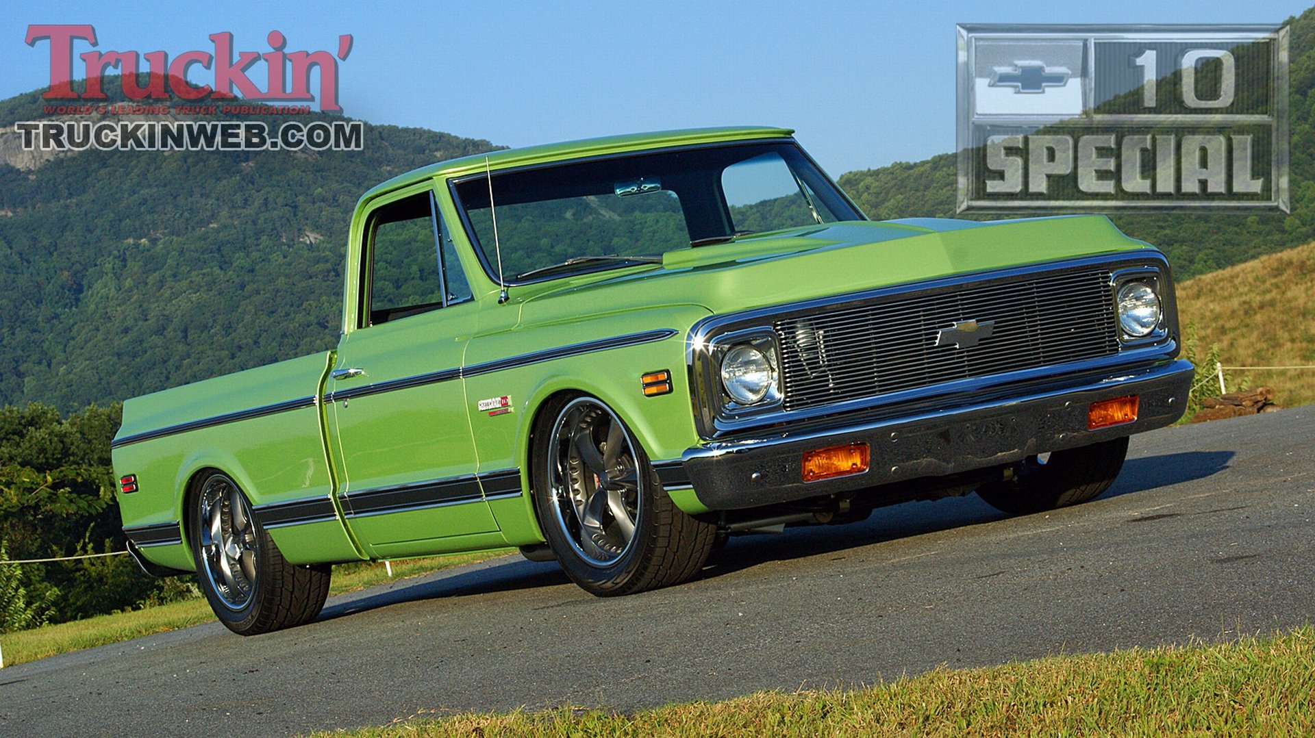 Bright green lowered classic pickup truck parked on a rural road with rolling hills — HD PC desktop wallpaper background; vehicle, Truck.