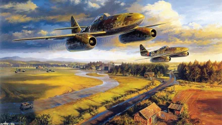 A stunning HD desktop wallpaper featuring military aircraft soaring over a scenic landscape, highlighting rich colors and intricate details in an exhilarating aerial scene.