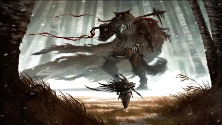 A fantasy warrior confronts a giant, menacing beast in a misty forest, creating a dramatic HD scene for a desktop wallpaper and background.