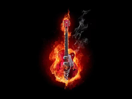 HD desktop wallpaper featuring a blazing red electric guitar with flames and smoke against a black background, emphasizing a powerful and intense musical theme.