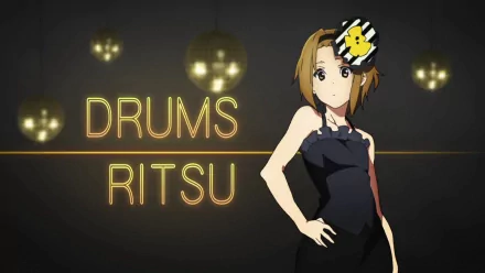 Ritsu Tainaka from the anime K-ON! poses confidently in this HD wallpaper, showcasing her love for drums against a sleek background with illuminated orbs.