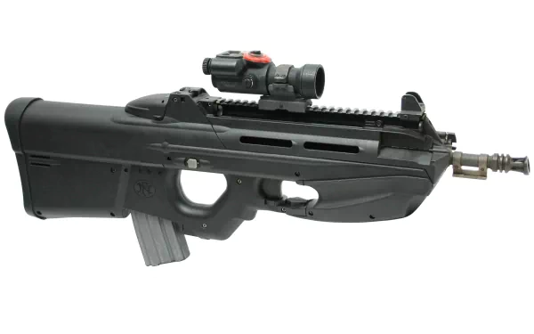 Side view of an FN F2000 assault rifle, a man-made bullpup firearm on white background, 2K Quad HD PC desktop wallpaper and background.