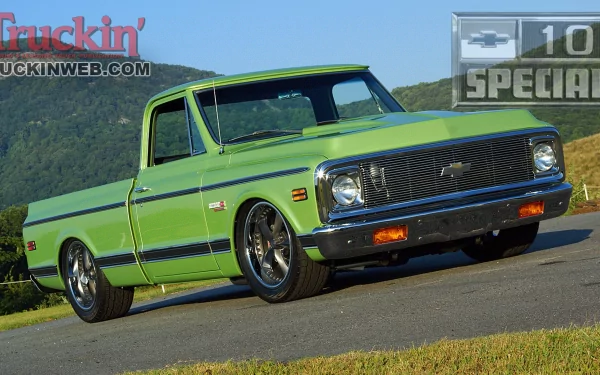 Bright green lowered classic pickup truck parked on a rural road with rolling hills — HD PC desktop wallpaper background; vehicle, Truck.
