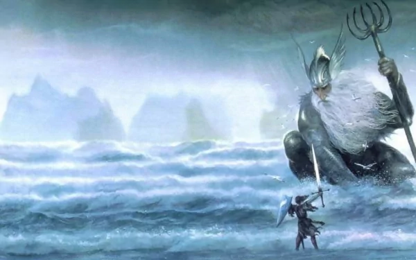 HD PC desktop wallpaper: fantasy gods scene — a towering sea god with trident rising from icy waves as a lone armored warrior confronts him beneath a stormy, mist-shrouded sky.