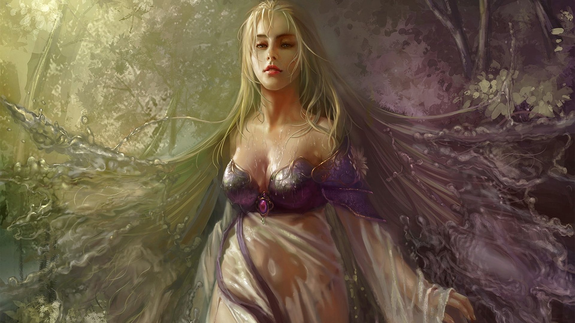 A mystical woman with long blonde hair stands gracefully in a lush fantasy setting, draped in ethereal garments, creating an enchanting HD wallpaper for desktops.