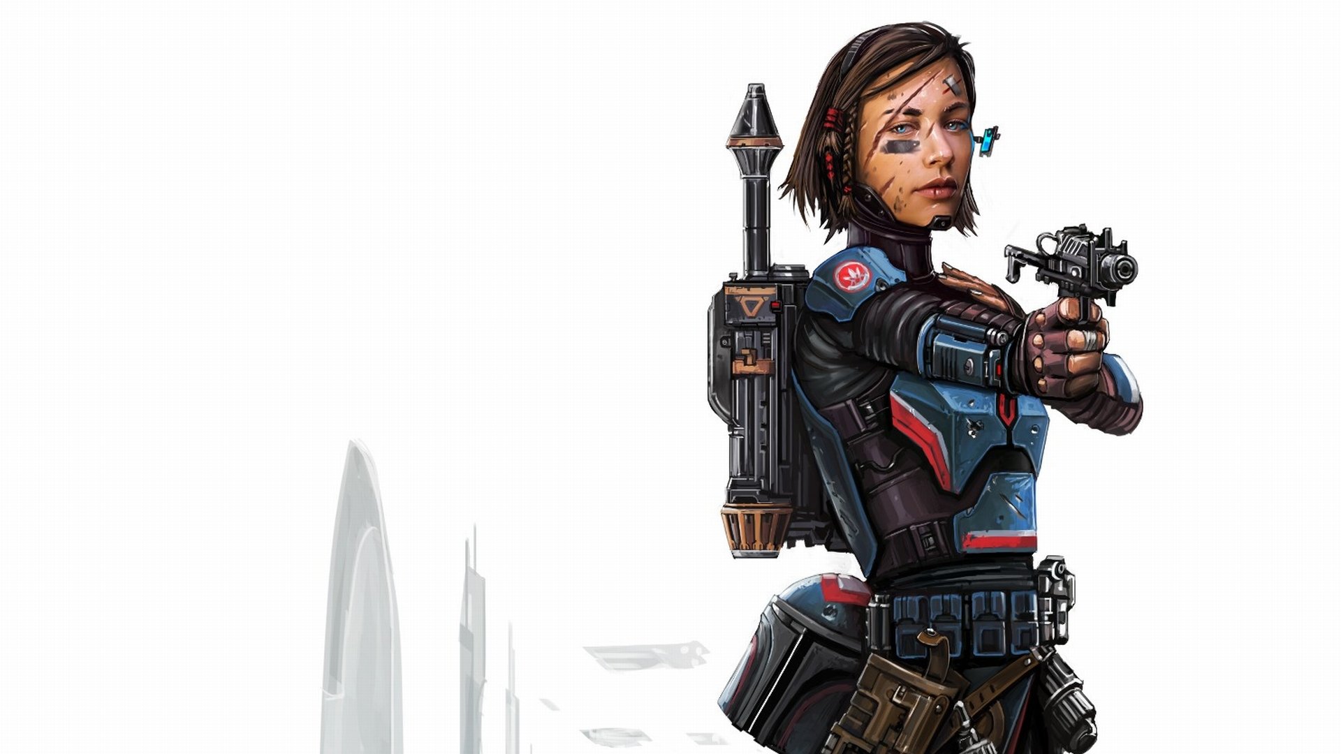 HD PC desktop wallpaper: sci-fi woman warrior in futuristic armor, aiming a pistol with a jetpack against a minimalist city-spire background.