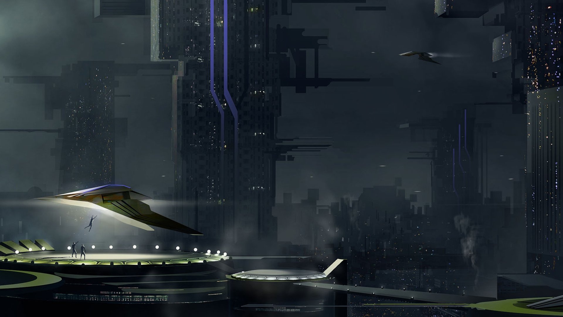 HD sci-fi PC desktop wallpaper depicting a sleek spaceship docked in a futuristic, dark cityscape with towering structures and glowing lights.