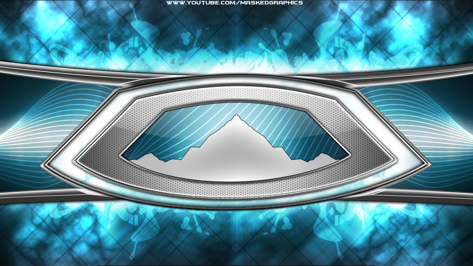 Abstract blue HD PC desktop wallpaper: metallic eye-shaped emblem with stylized mountain silhouette inset, layered with diagonal lines and a glowing textured blue background.